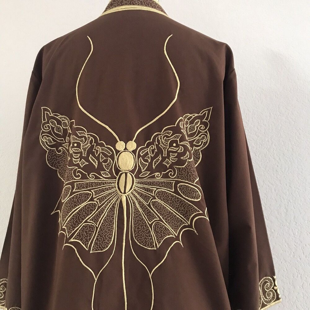 Vintage 1970s Brown Cotton Blend Floral Butterfly Embroidered Relaxed Top L - Picture 7 of 10